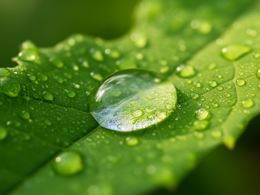 Krupni plan kapljica rose na zelenom listu biljke fotografisan makro objektivom, prikazujući sitne detalje prirodnih struktura u mekanom jutarnjem svetlu