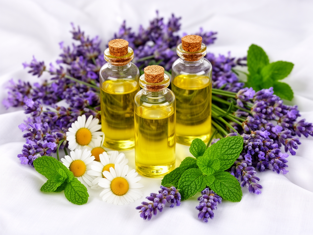 Staklene bočice sa uljima biljnog porekla okružene cvetovima lavendule, kamilicom i listovima mente na belom platnu, prikazujući prirodne komponente nege kože